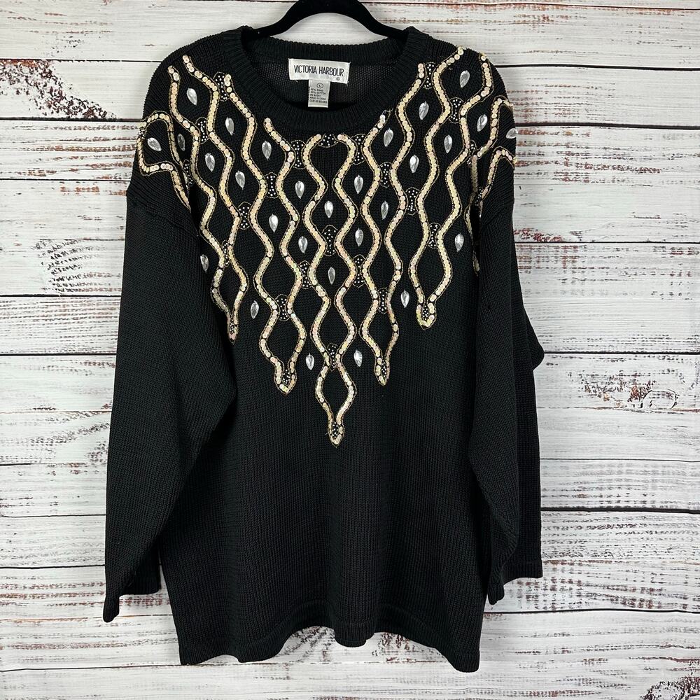 VTG 80s Victoria Harbour Black Gold Embroidered Rhinestone Sweater Womens Sz L
